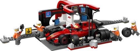 F1-pitstop og pitcrew med Ferrari-bil