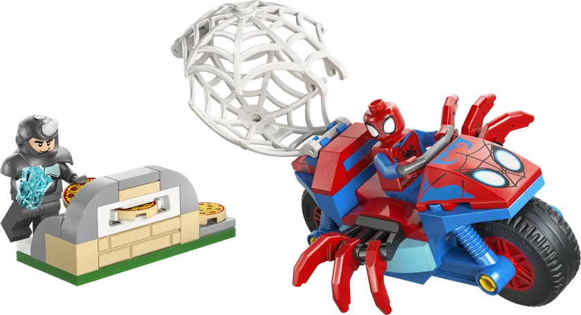 Spidey på sin motorcykel mod Rhino