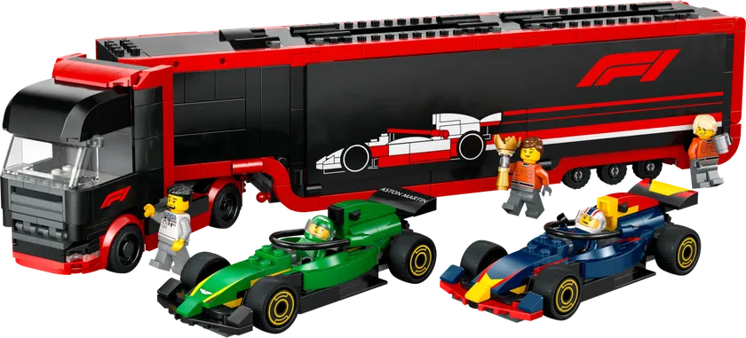 F1-lastbil med RB20 og AMR24 F1-biler