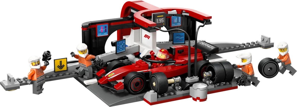 F1-pitstop og pitcrew med Ferrari-bil